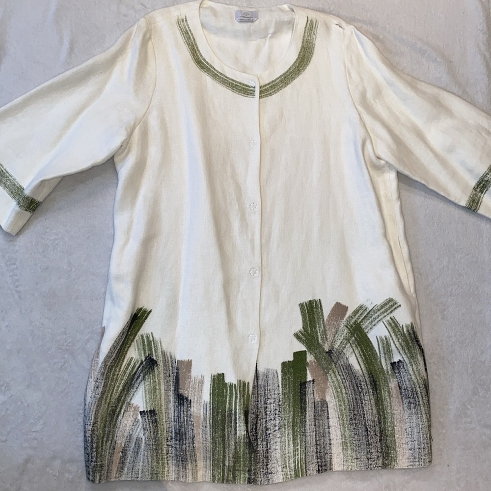 Voyage by Maria Rinaldi hand painted linen snap front long jacket coat Sz XXL